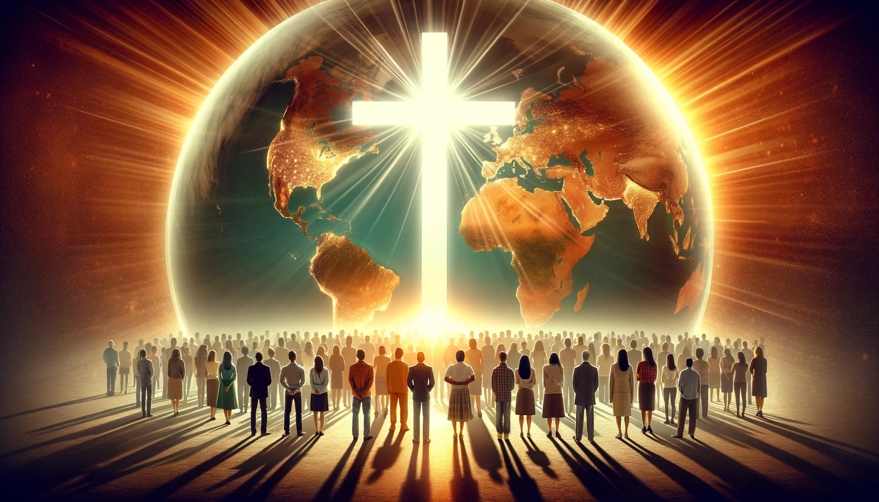 A diverse group of people from around the world standing under a cross that radiates light.