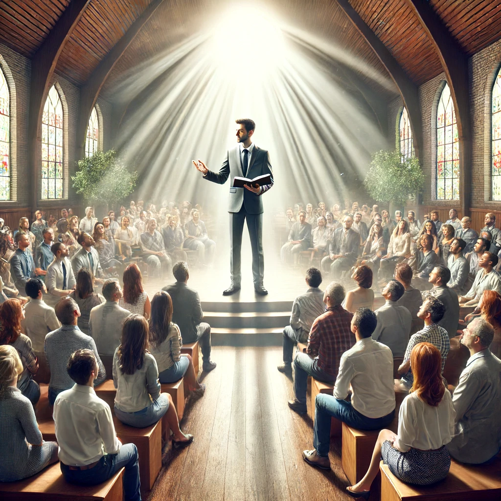 A diverse group of people gathered in a church setting.