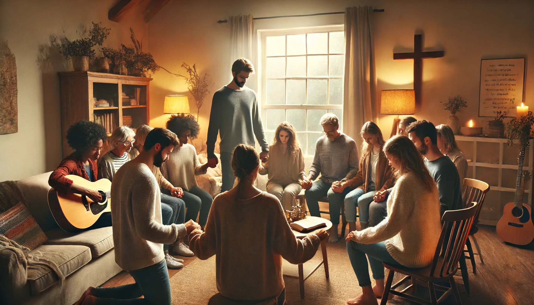 A diverse group of people gathered in a cozy living room, holding hands in prayer.