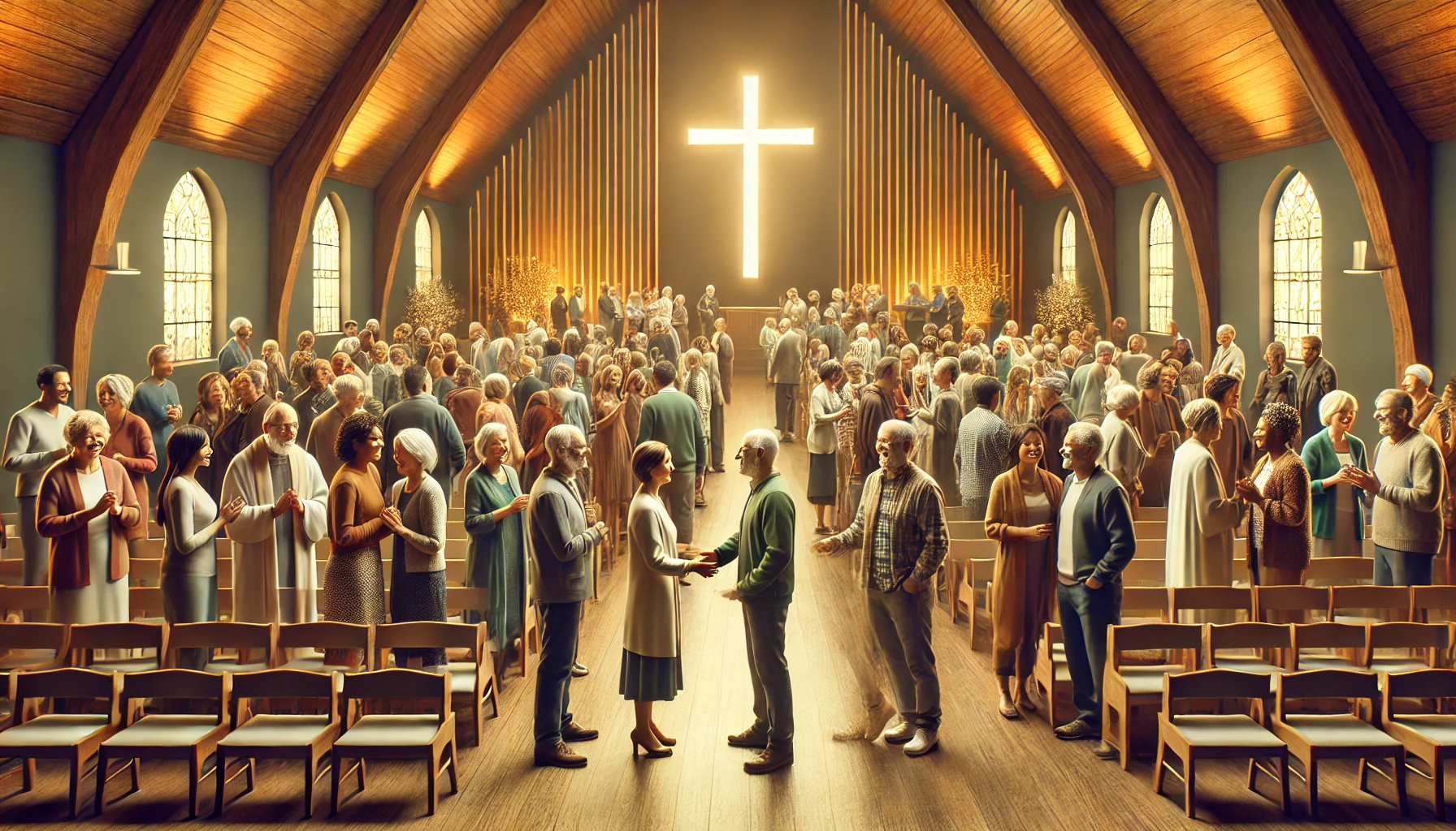 A diverse group of people gathered in a warmly lit church.