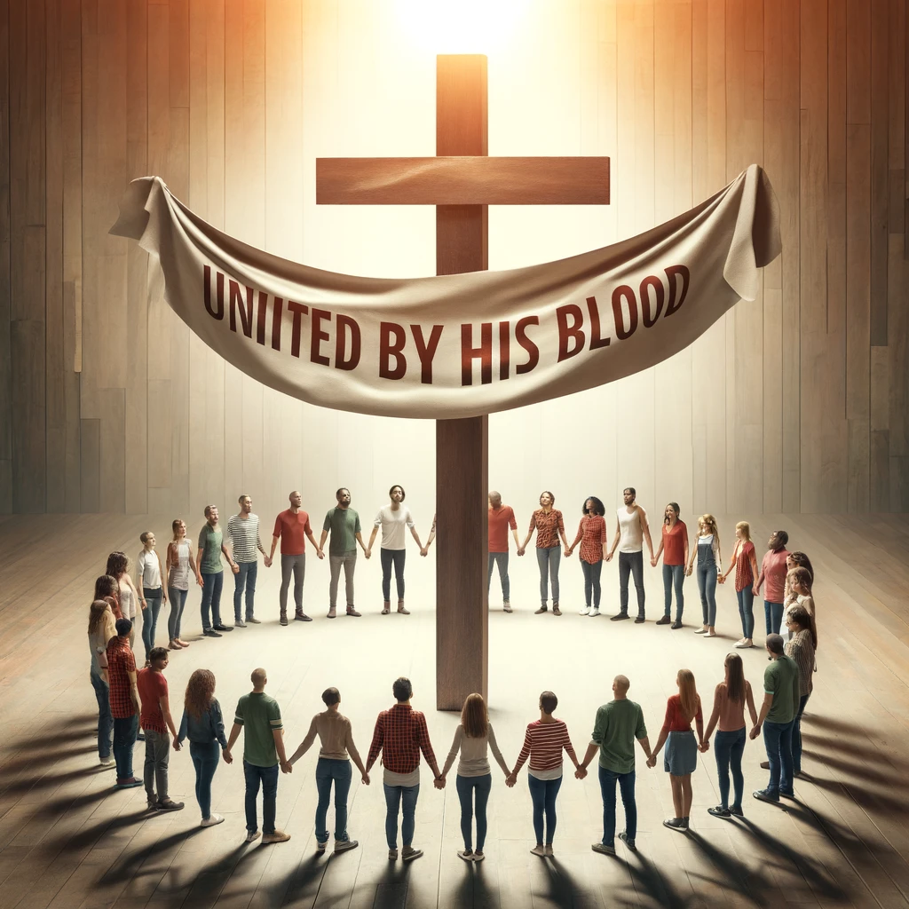 A diverse group of people holding hands in a circle under a banner that reads 'United by His Blood.'