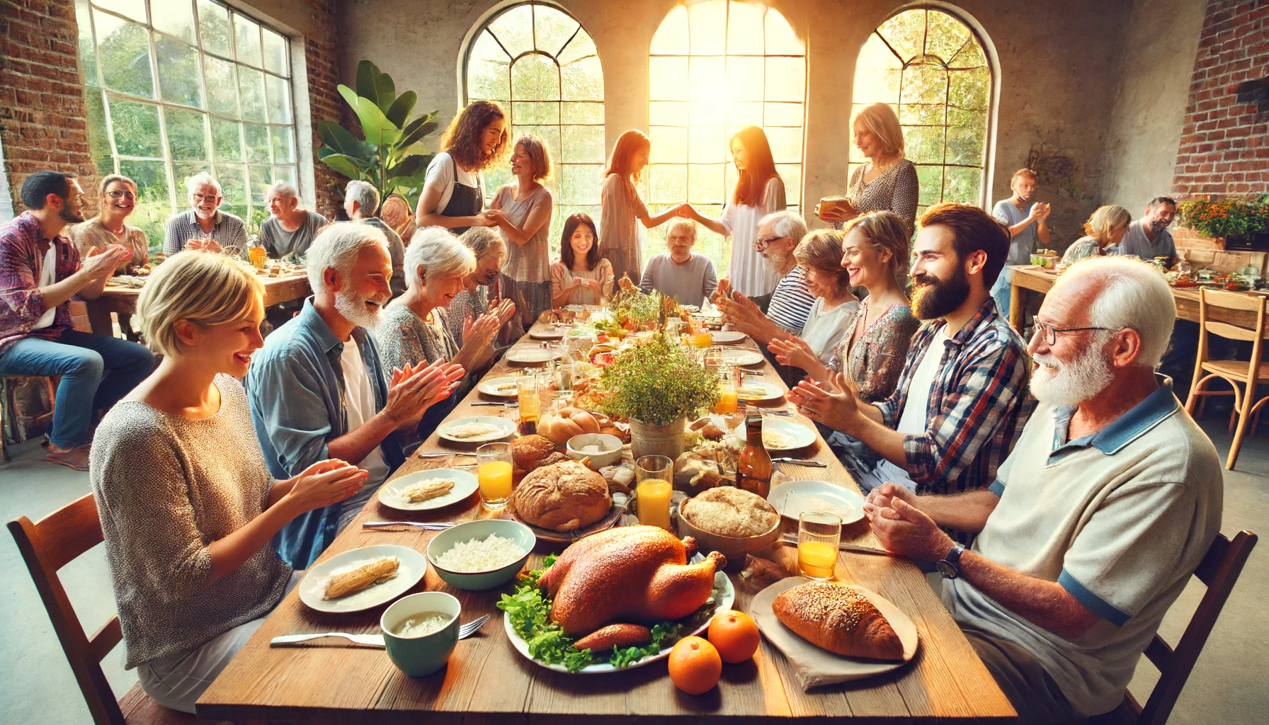 A diverse group of people of different ages and ethnicities sharing a meal together.