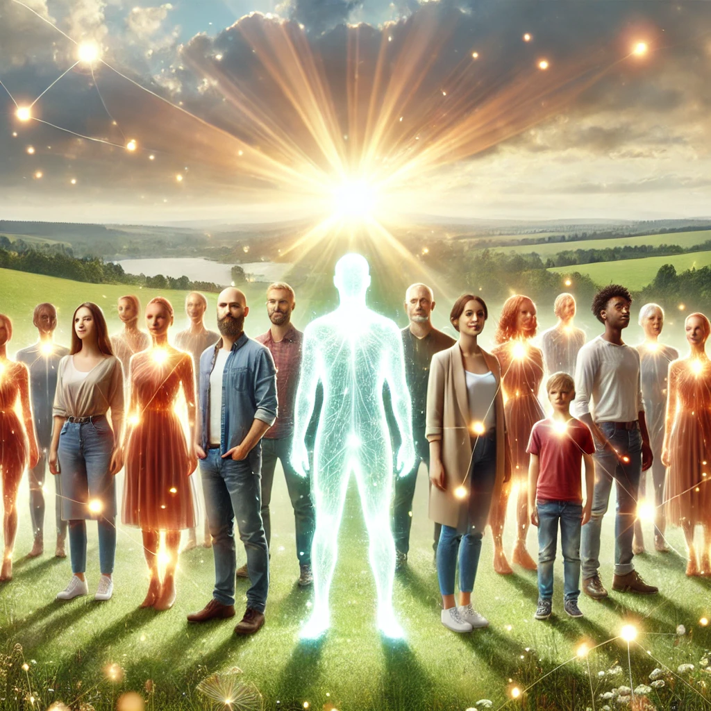 A diverse group of people standing together, each glowing with a soft light.