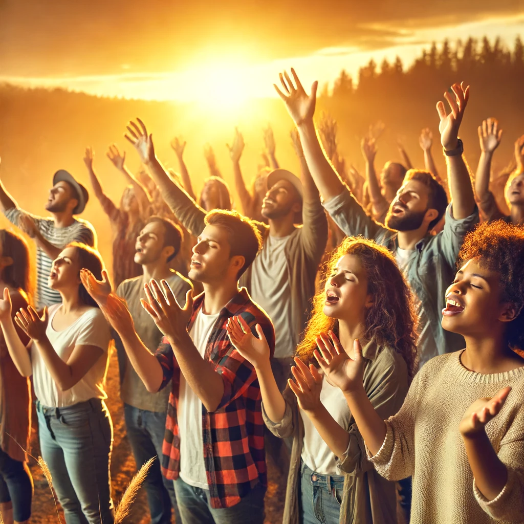 A diverse group of people with raised hands, singing and worshiping together in an open field under a radiant sunrise.