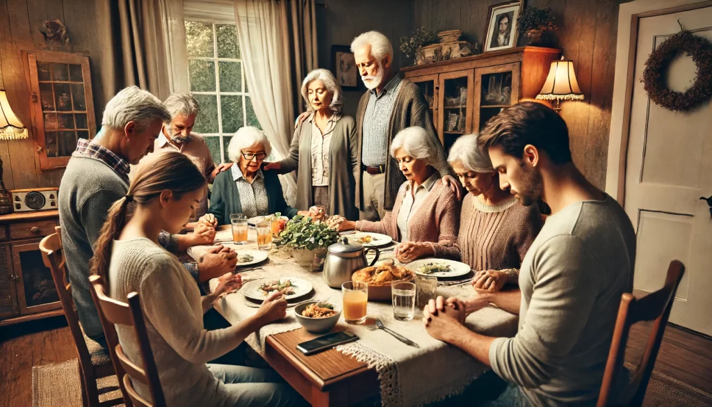 A family gathered around a dining table in a cozy home, with the grandmother leading a prayer.