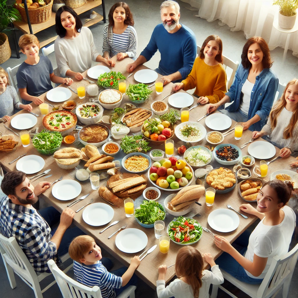 A family gathered around a large dinner table sharing a meal.