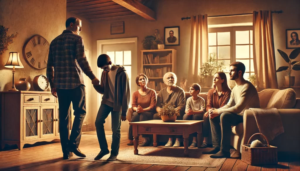 A family gathered in a warmly lit living room.