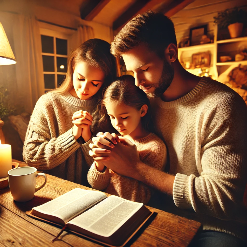 A family praying together at home, with a Bible open on the table.