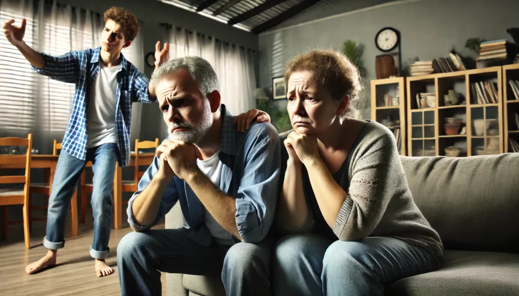 A family scene showing a father and mother looking distressed and sorrowful in their living room.