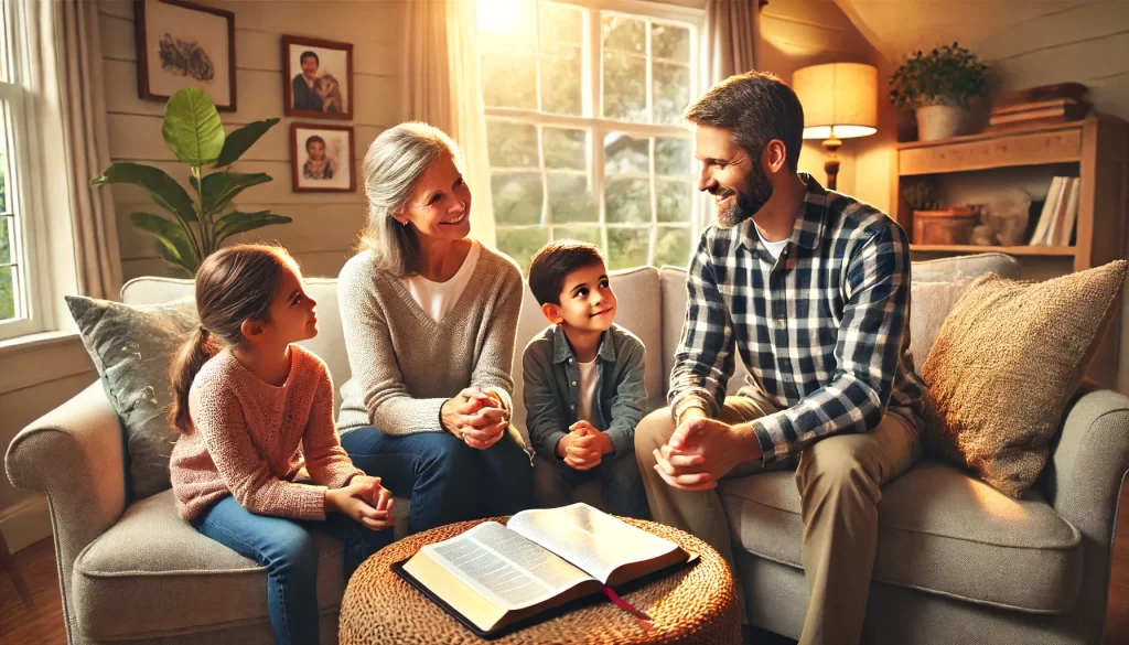 A family sitting in a cozy living room, with parents and children engaged in a meaningful conversation.