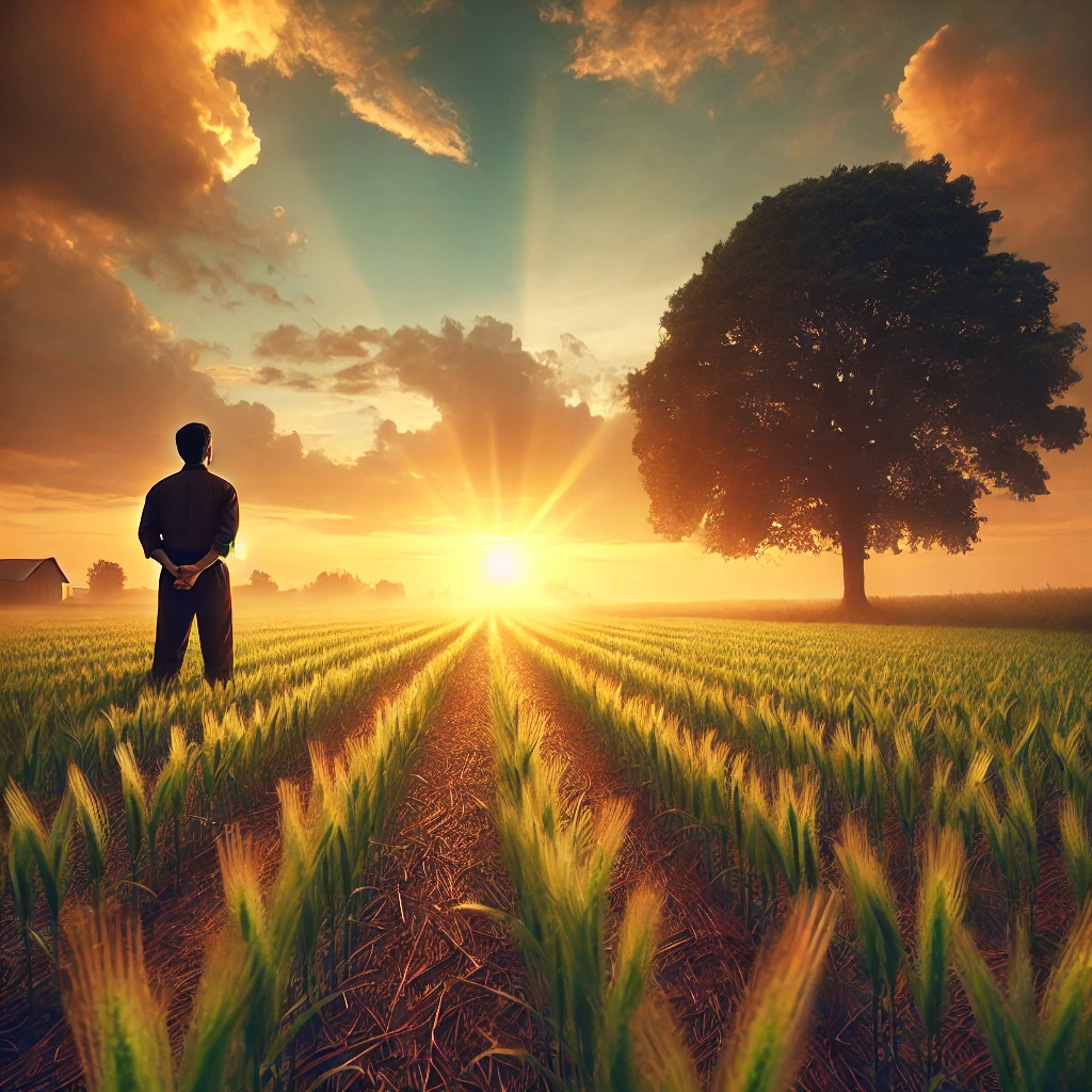 A farmer standing in a field at sunset, looking at the sky.