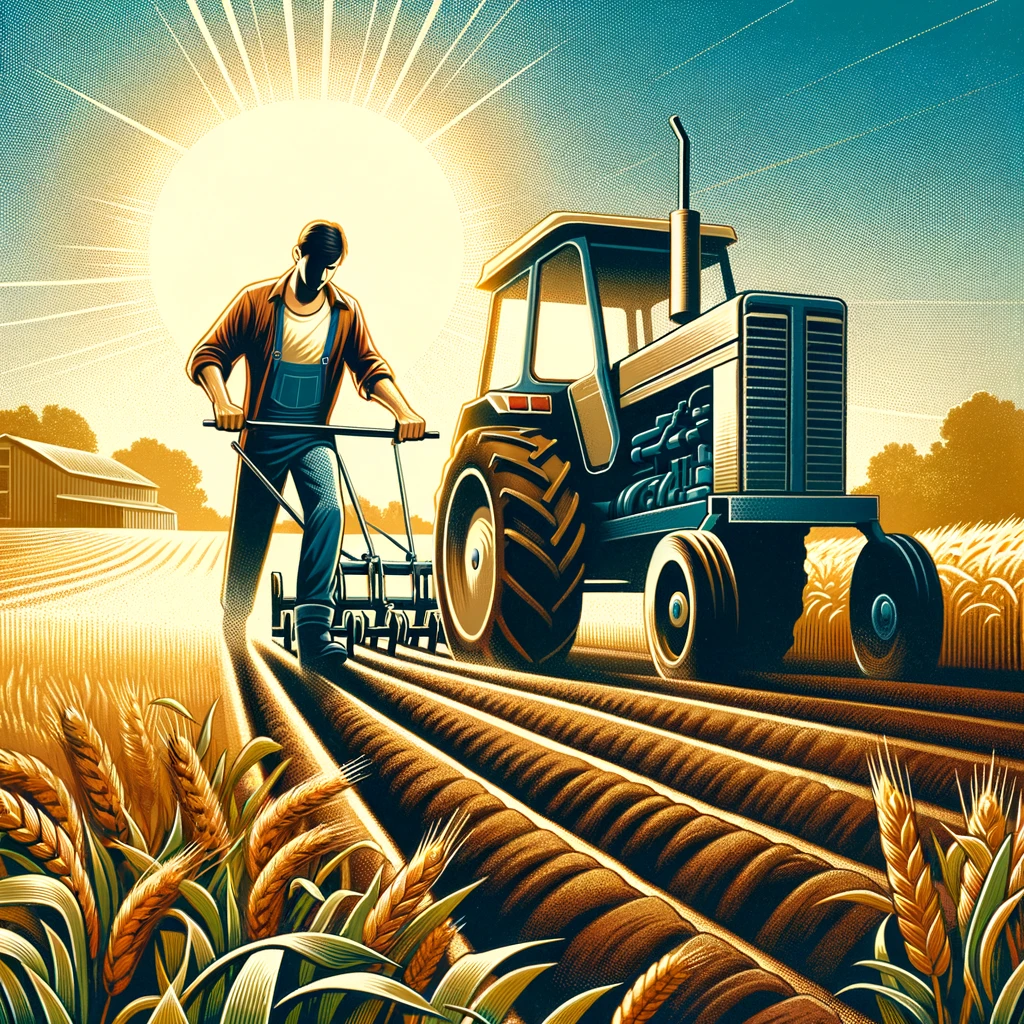 A farmer working in a field under the sun, diligently plowing the land with a tractor.