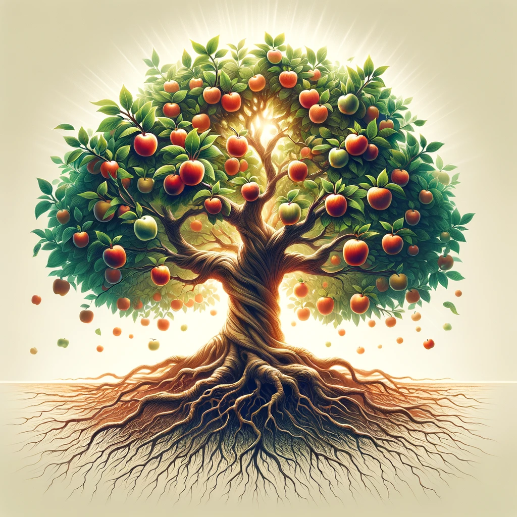 A flourishing tree with deep roots and abundant branches laden with fruit.