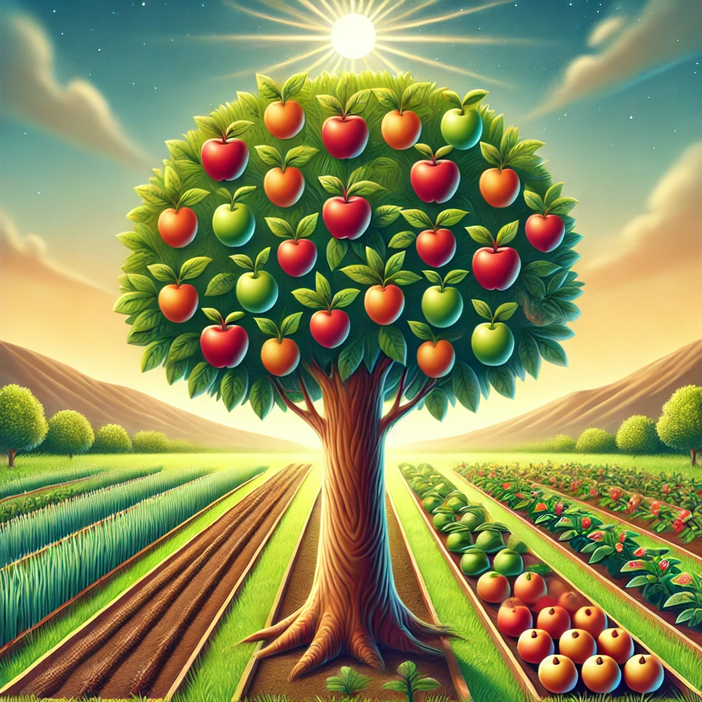 A fruitful tree standing tall in a lush garden, with vibrant fruits and healthy leaves.