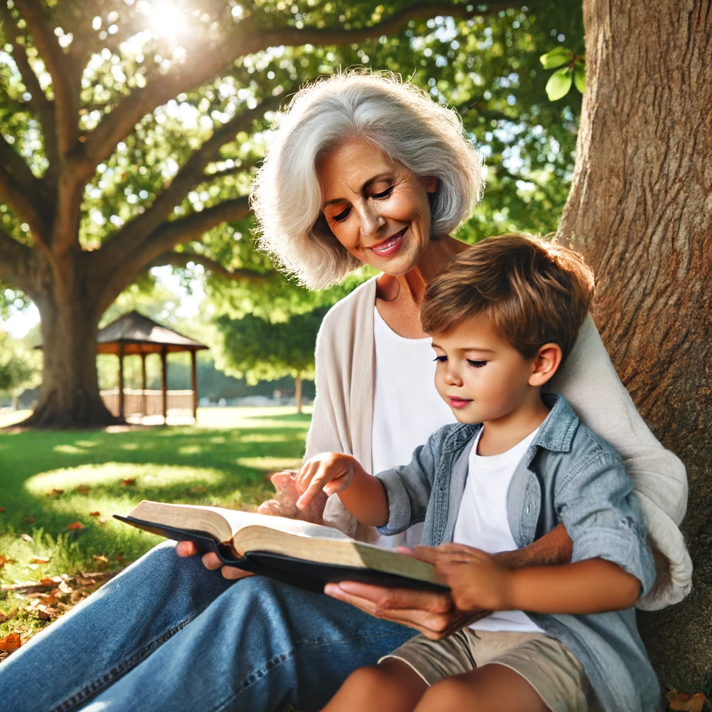 A grandmother and her grandchild sitting under a large tree in a park, reading a Bible together.