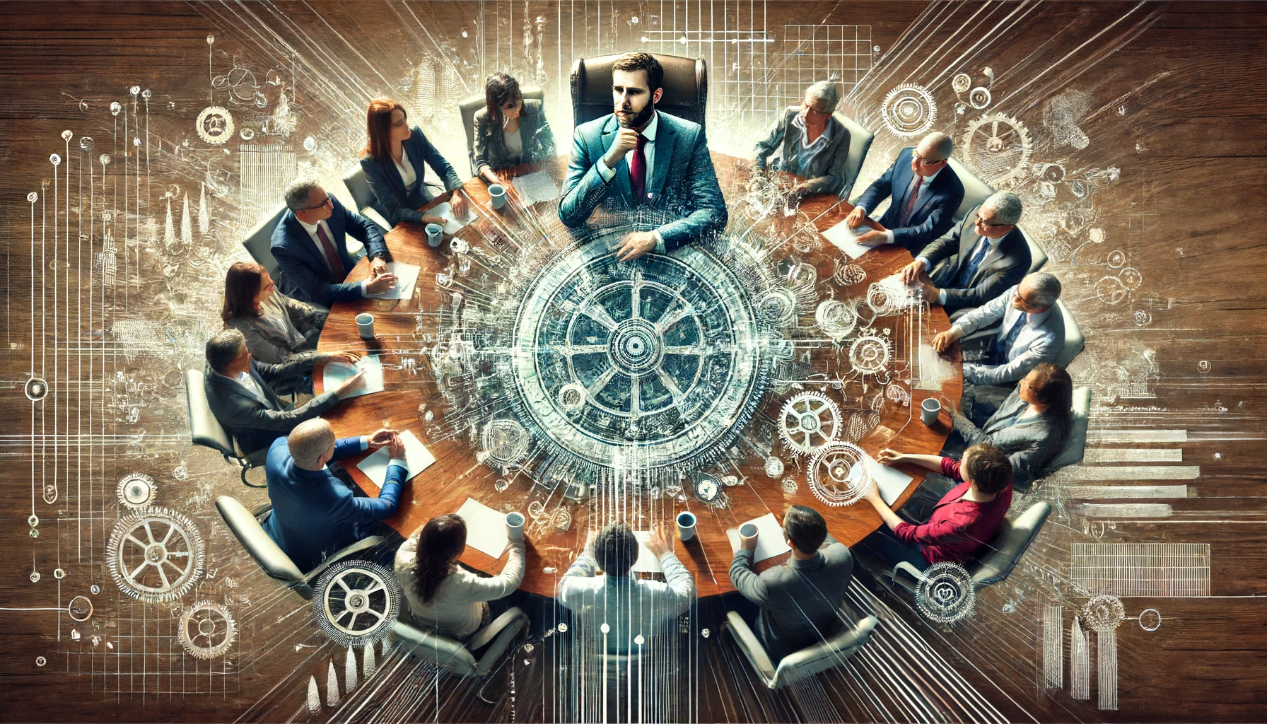 A group of advisors gathered around a table with a leader.