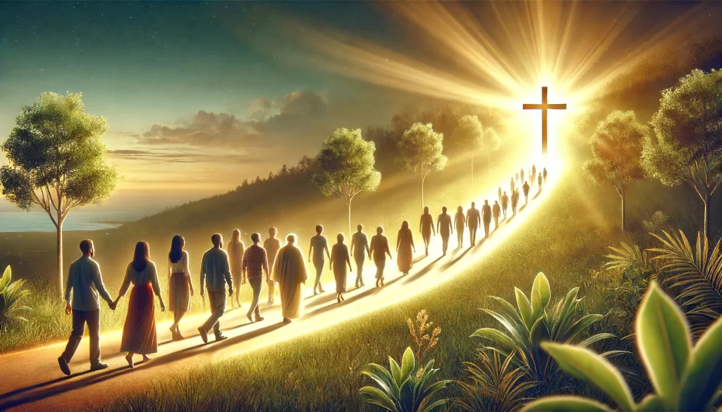 A group of diverse people walking on a bright path illuminated by a warm, golden light.