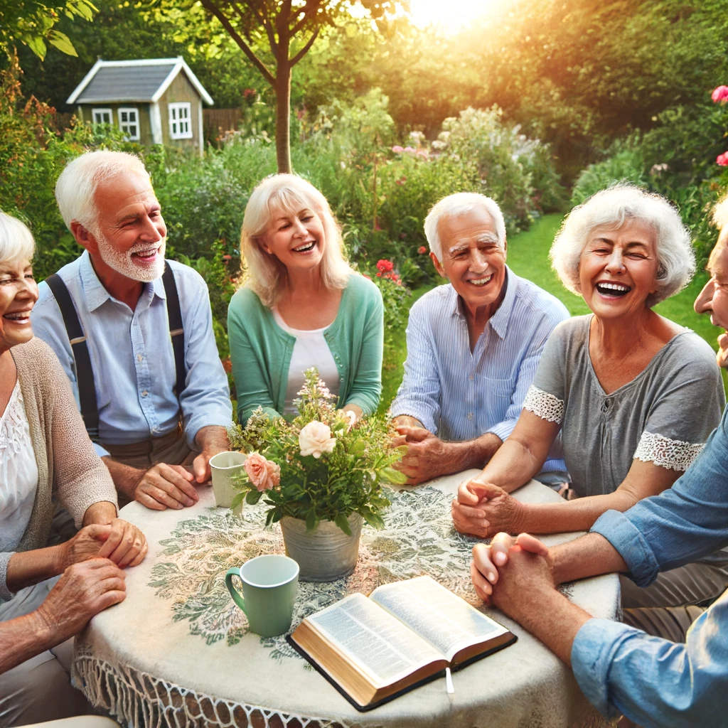 A group of elderly friends sitting around a table in a garden, sharing stories and laughing together.