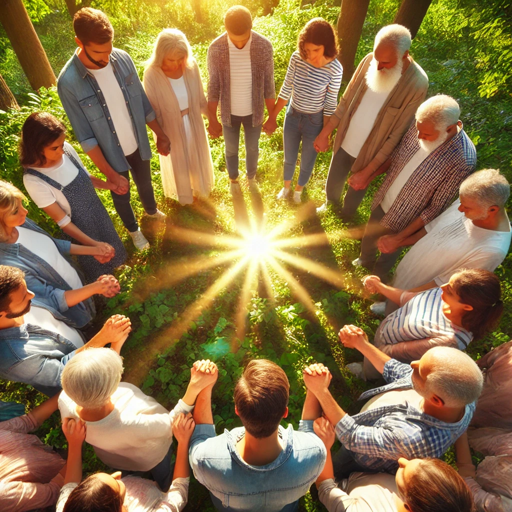 A group of people praying together in a circle, holding hands in a lush green park.