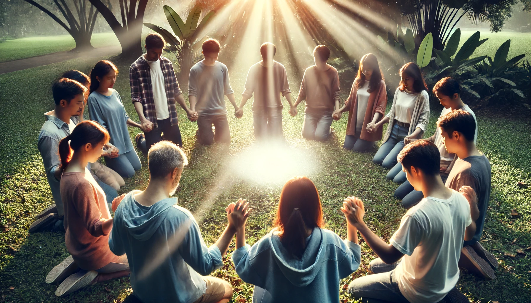 A group of people praying together in a circle, holding hands in a park, with a soft light emanating from above.