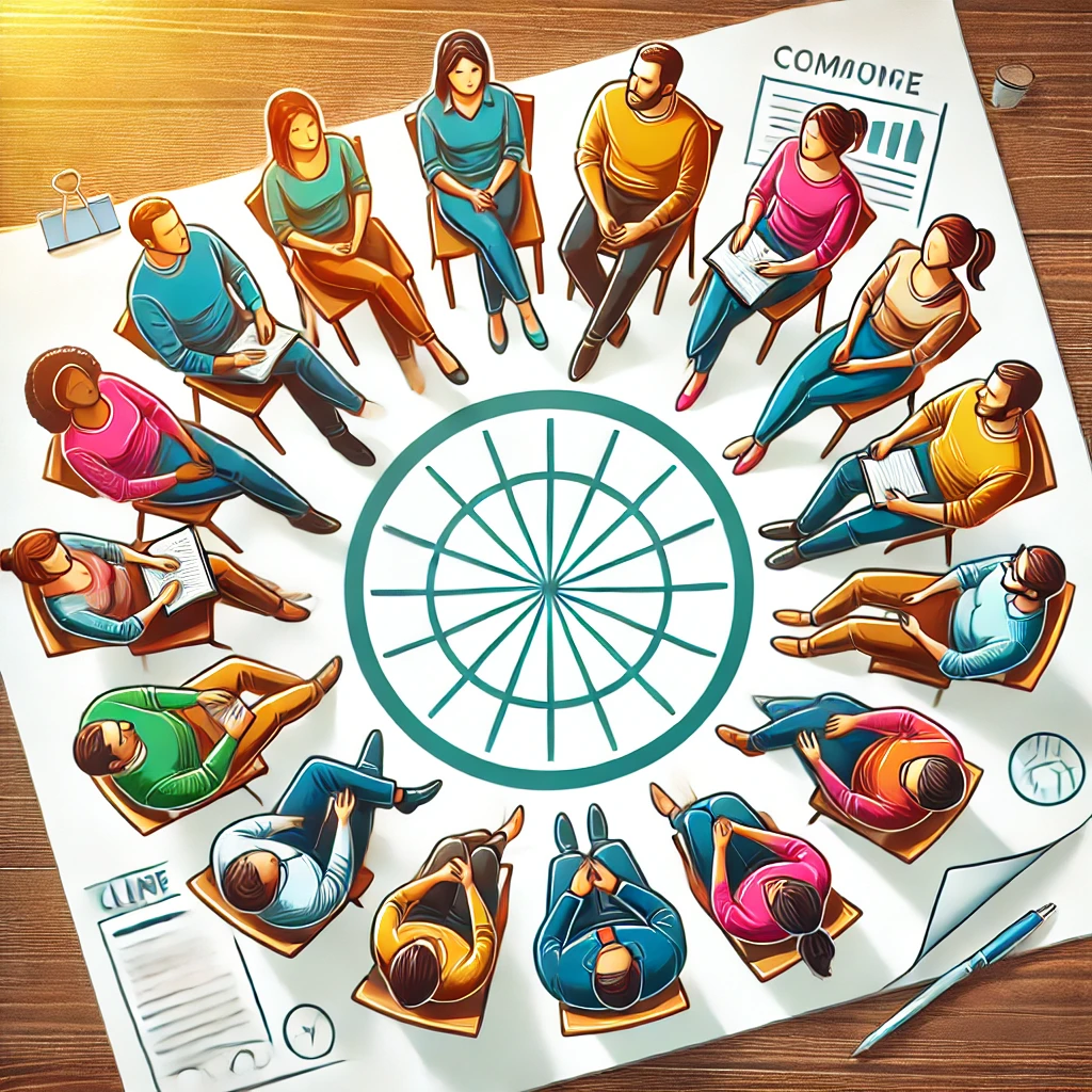 A group of people sitting in a circle, engaging in positive and supportive conversation.