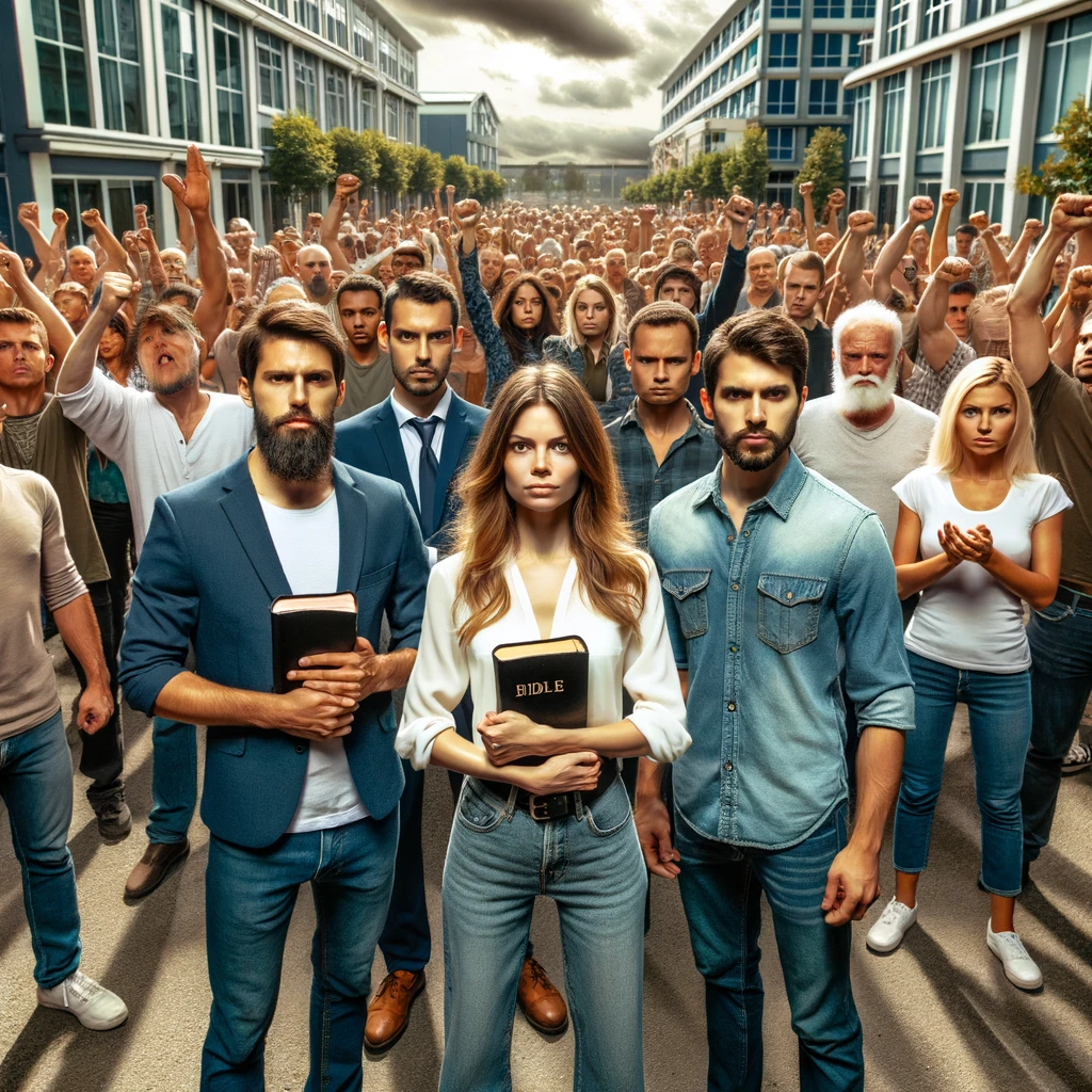 A group of people standing firm together with Bibles in hand, surrounded by a hostile crowd.