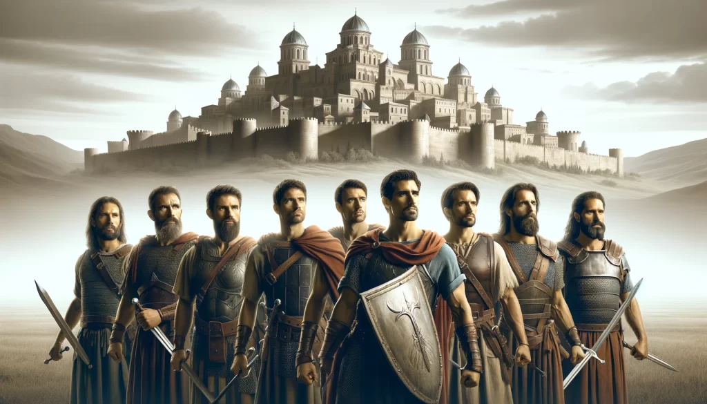 A group of strong, courageous men standing together in front of a fortified city, ready for battle.