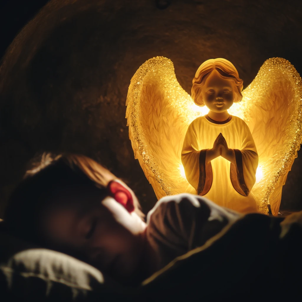 A guardian angel with outstretched wings watching over a sleeping child, glowing softly in a dimly lit room.