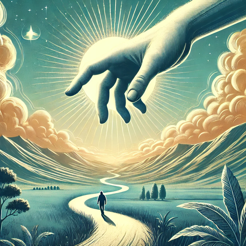 A hand reaching down from the heavens guiding a person walking on a winding path.