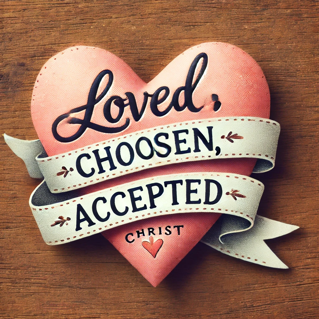 A heart wrapped in a ribbon with the words 'Loved, Chosen, Accepted'.