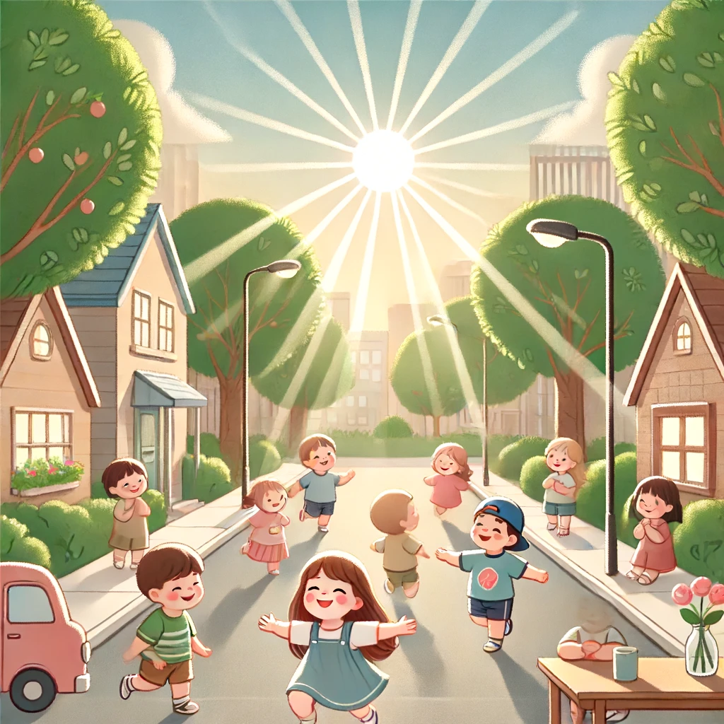 A heartwarming scene of children playing in a safe, sunlit street, surrounded by trees and houses.