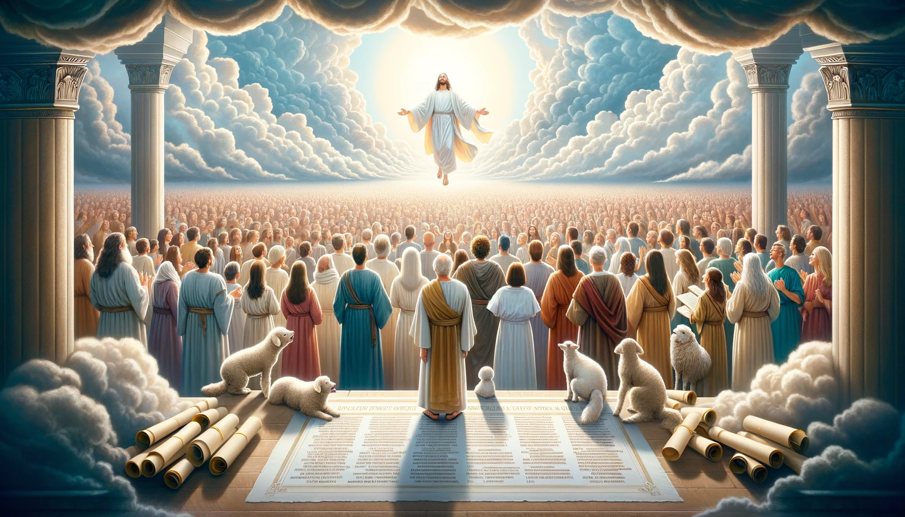 A heavenly scene with a diverse group of people from every tribe and nation standing before the Lamb.