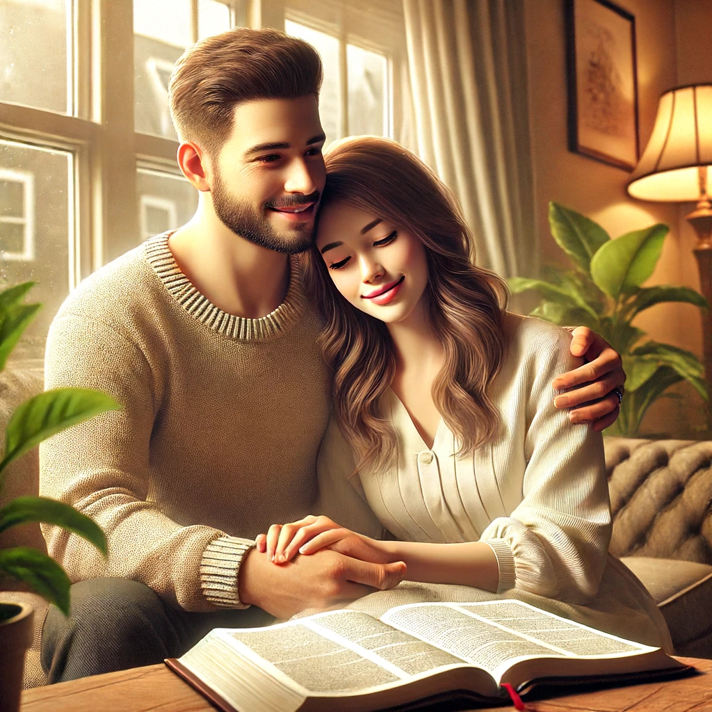 A husband and wife sitting at a table in a cozy, warmly lit room, reading the Bible together.