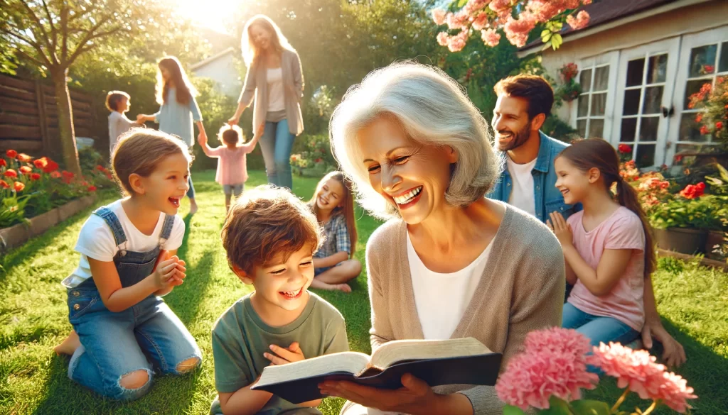 A joyful family gathering in a sunlit garden, with a grandmother smiling as she watches her children and grandchildren.