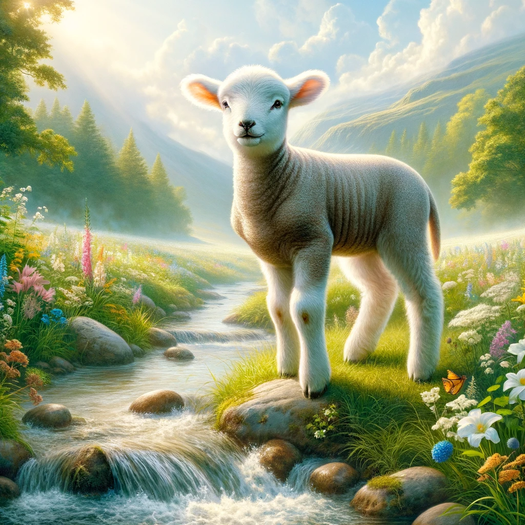 A lamb standing by a flowing stream.