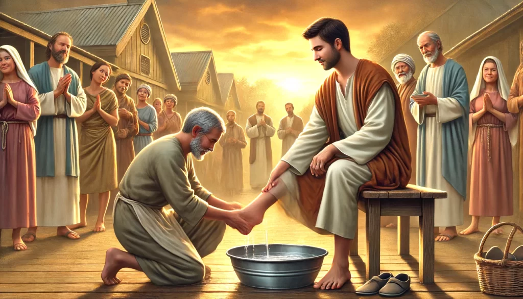 A leader serving a group of people, performing humble acts like washing feet or distributing food.