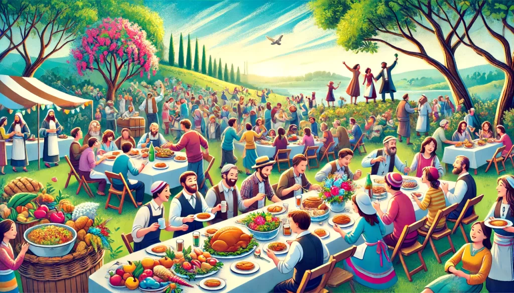 A lively scene of people celebrating outdoors, with tables full of food and drink.