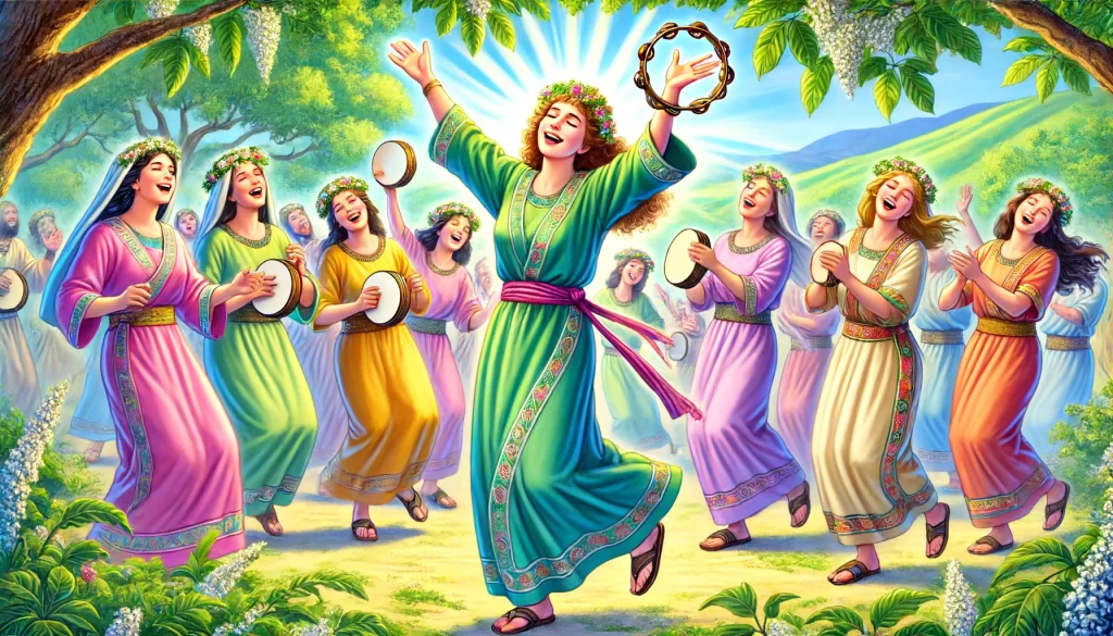 A lively scene with the prophet Miriam, Aaron’s sister, leading a group of women in joyful celebration.