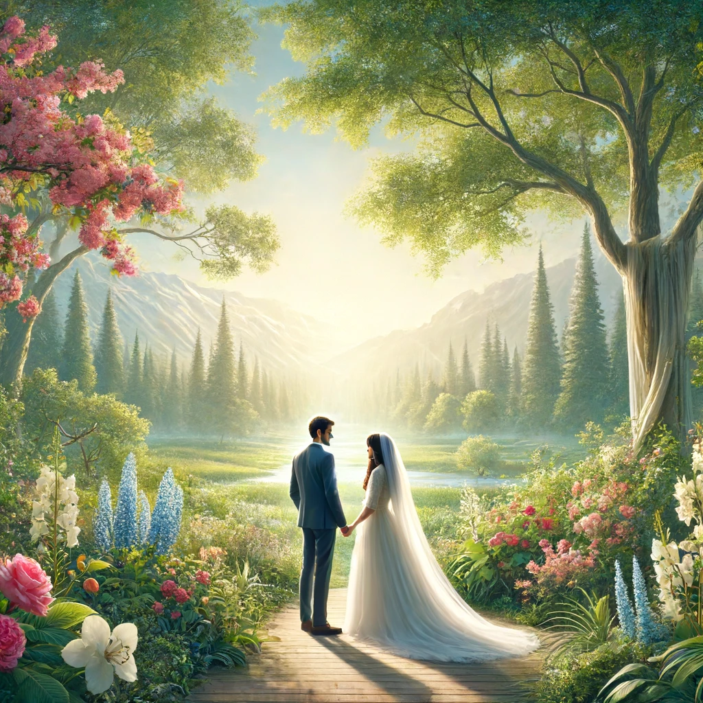 A loving couple standing together in a serene garden,.