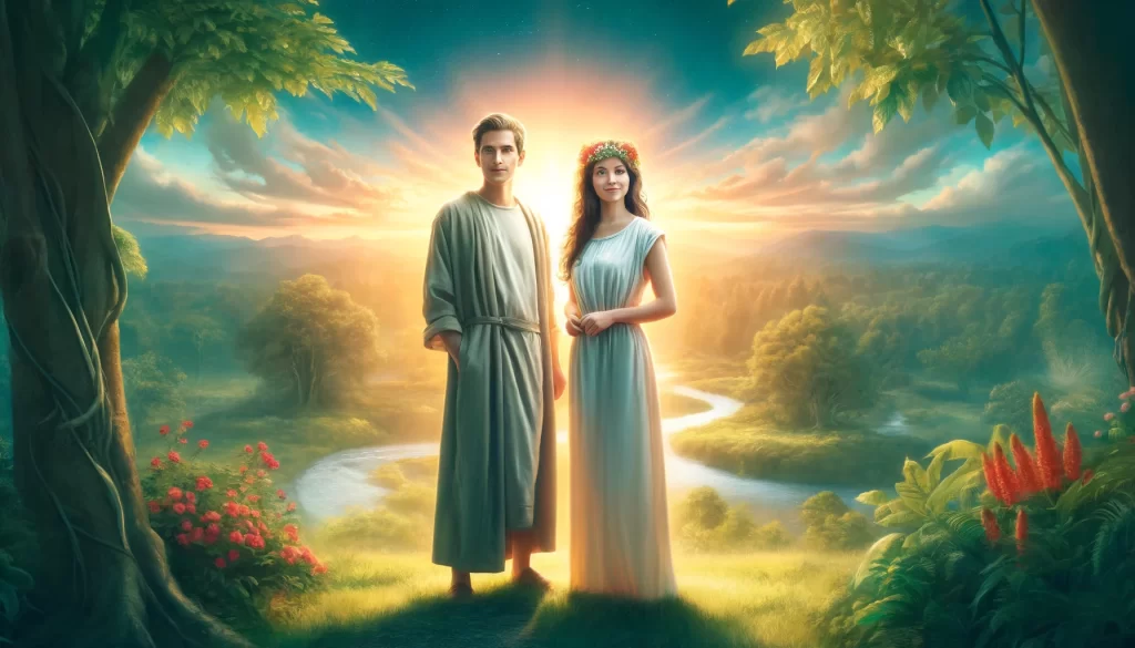 A man and a woman standing together in a beautiful natural landscape, with a warm, glowing light.