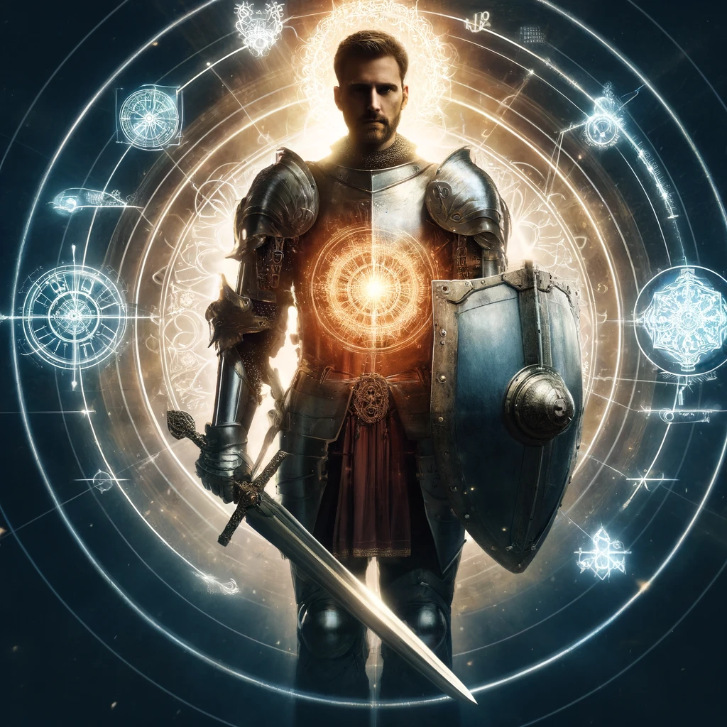 A man in full armor, standing firm in a spiritual battle, with elements like a sword, shield, and glowing light.