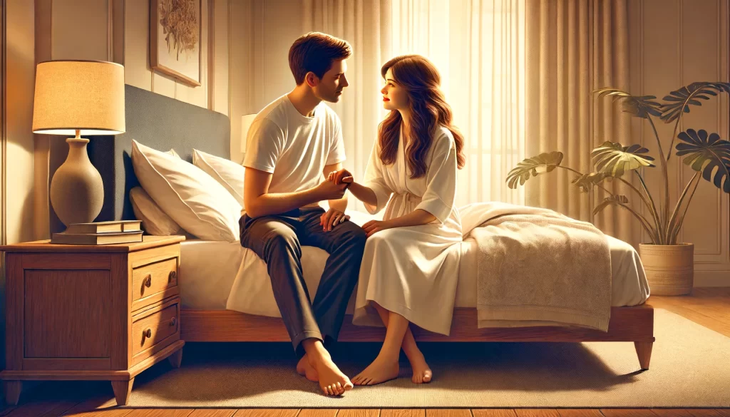 A married couple in their bedroom, showing a moment of intimacy and tenderness.
