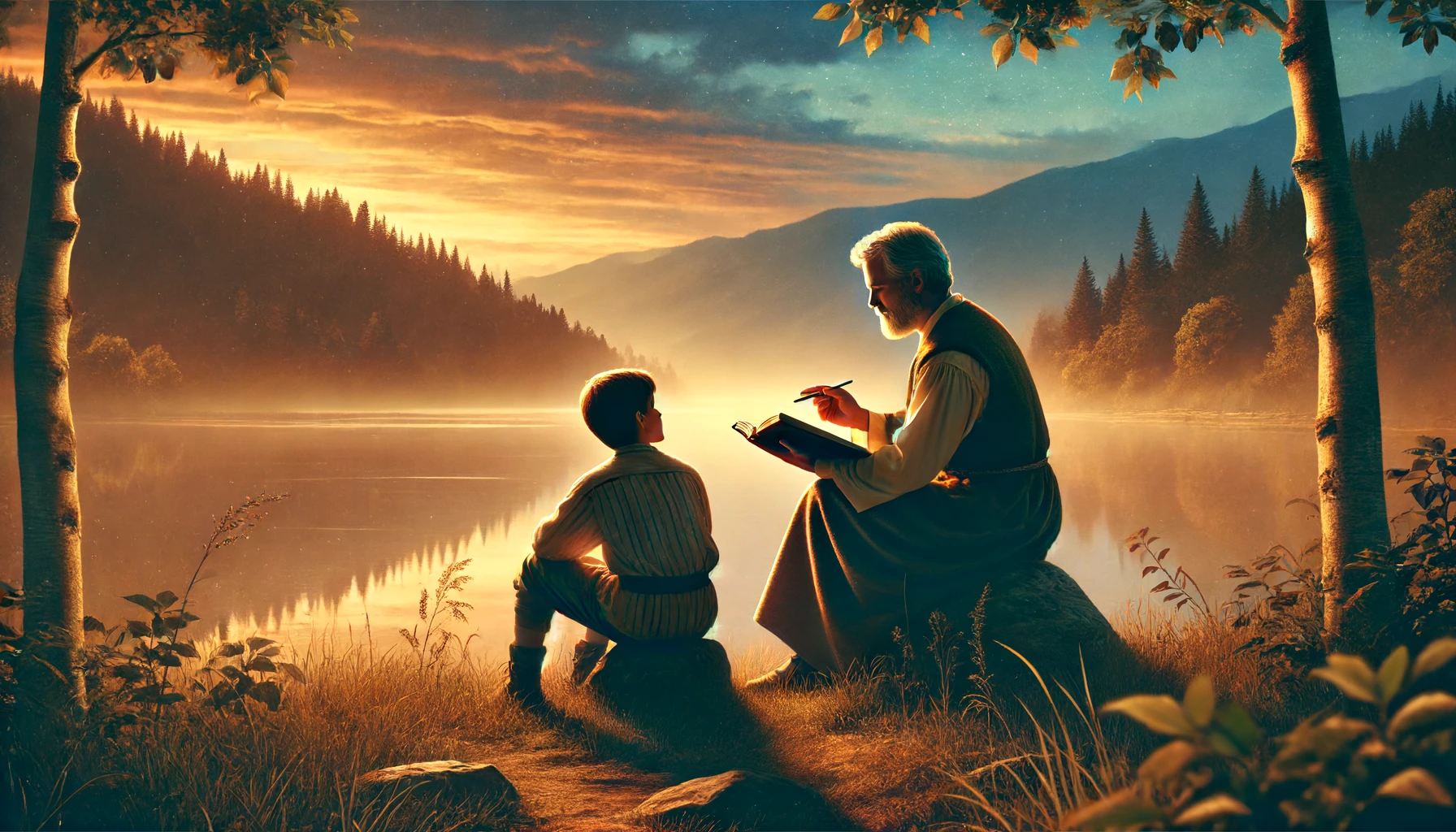 A mentor teaching and guiding a younger person in a peaceful setting.