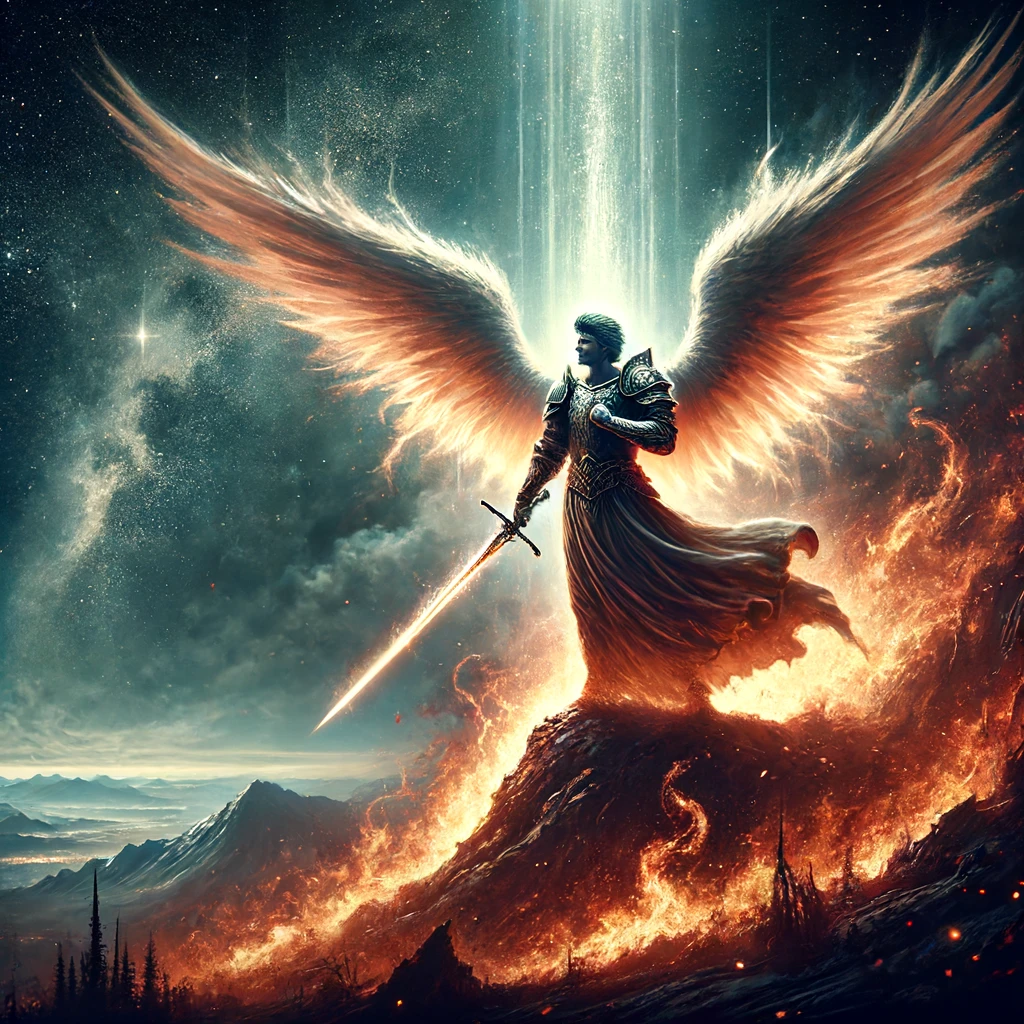 A mighty angel with a drawn sword standing on a mountain, surrounded by flames of fire and heavenly light.