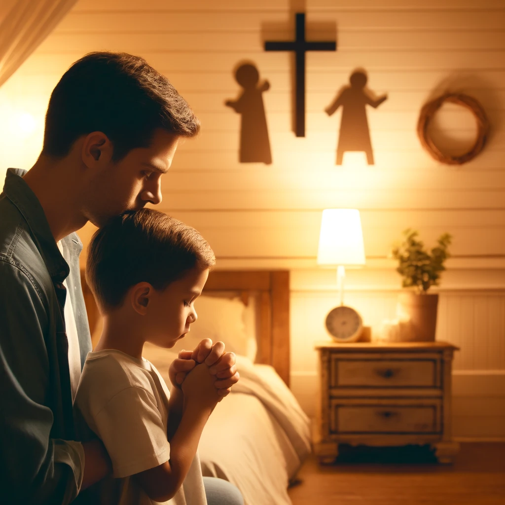 A parent and child praying together at a bedside in a warmly lit room.