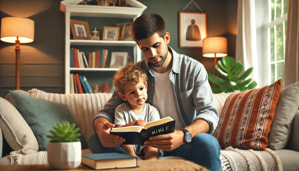 A parent teaching a young child how to read a Bible in a cozy and well-lit living room.