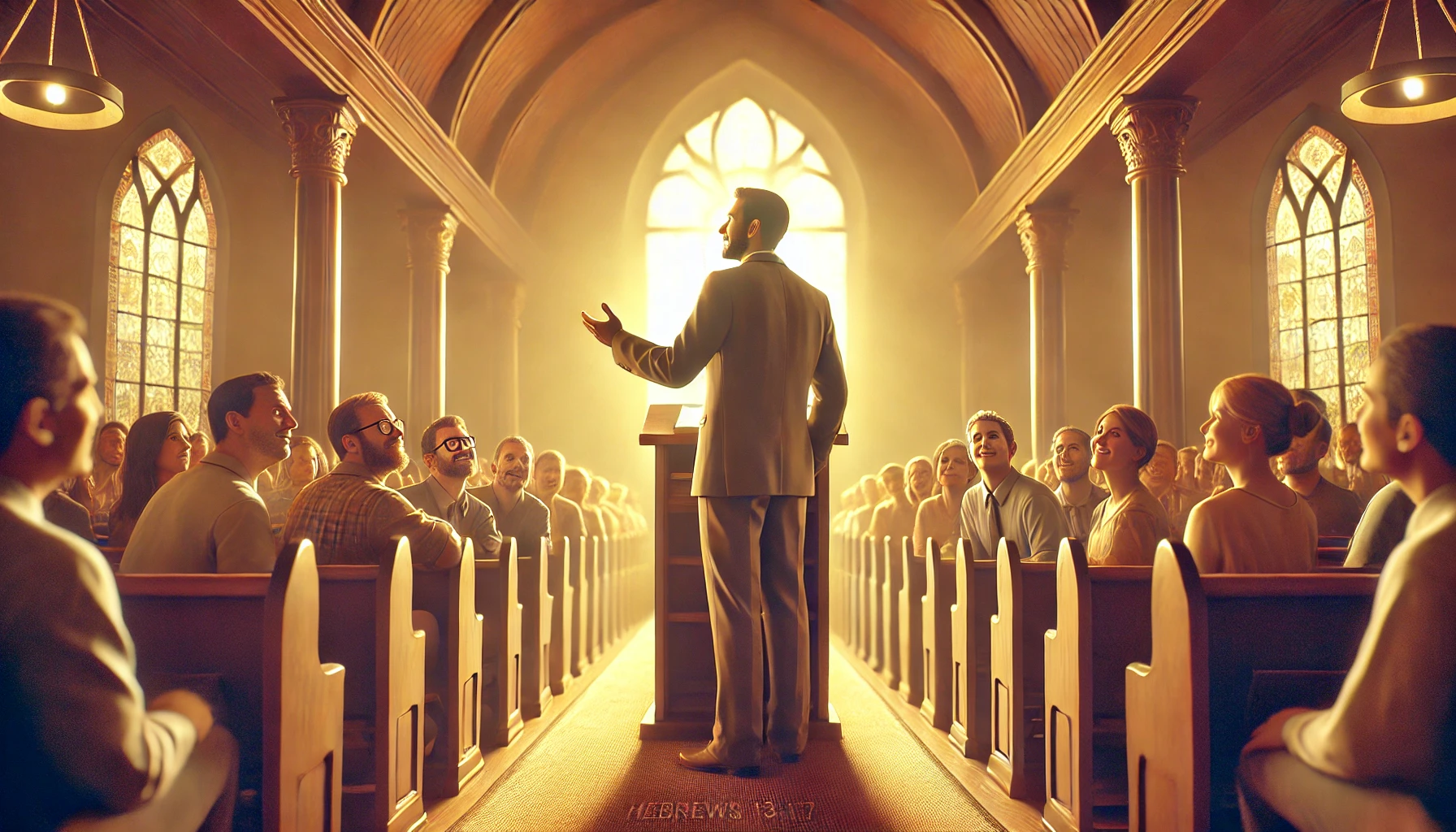 A pastor or church leader addressing a congregation inside a warmly lit church.