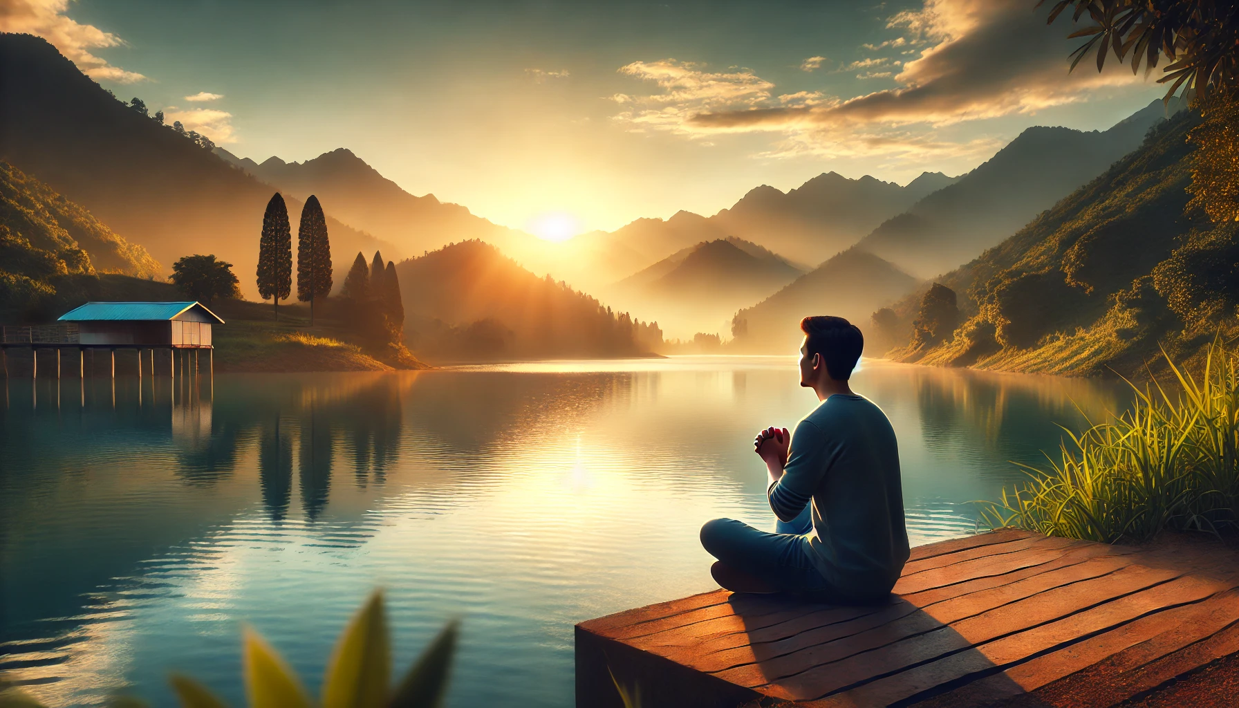 A peaceful and inspiring scene showing a person in quiet prayer or meditation in a beautiful natural setting.