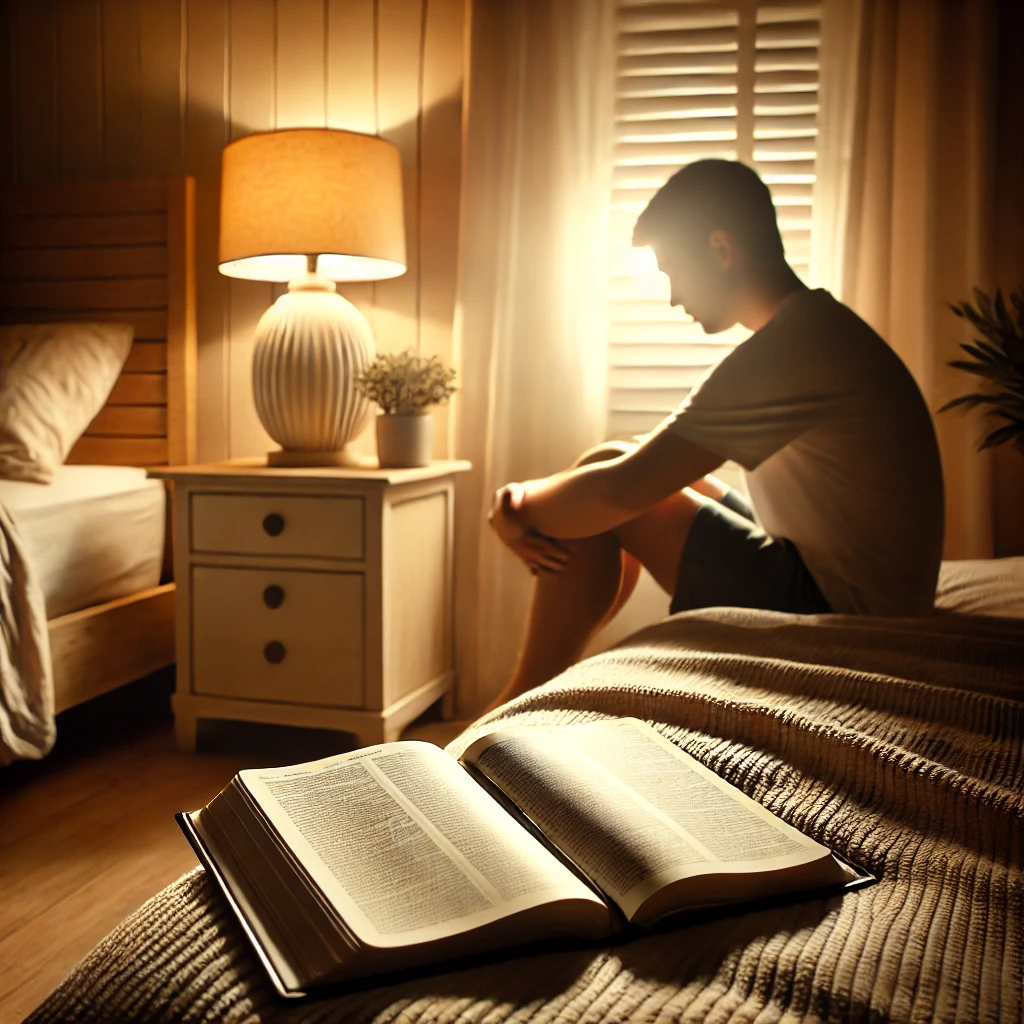 A peaceful bedroom with a person sitting by the bed, praying with an open Bible on their lap.