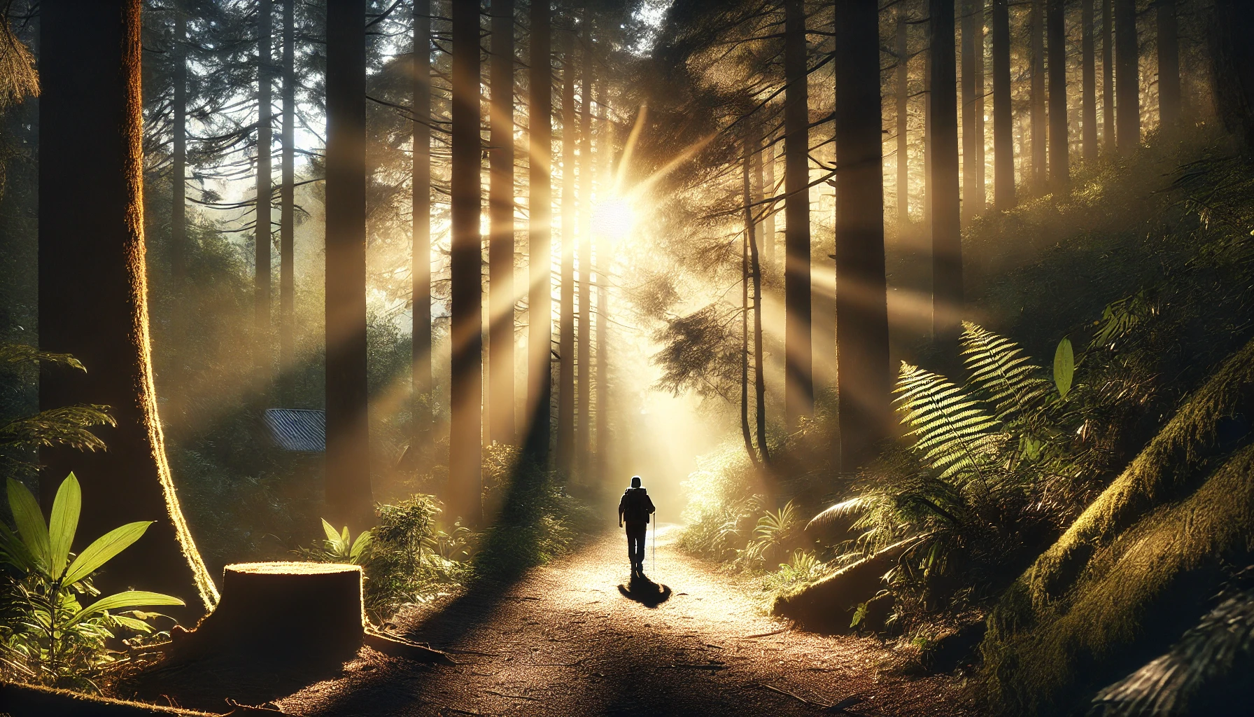 A peaceful forest path illuminated by sunlight filtering through the trees.